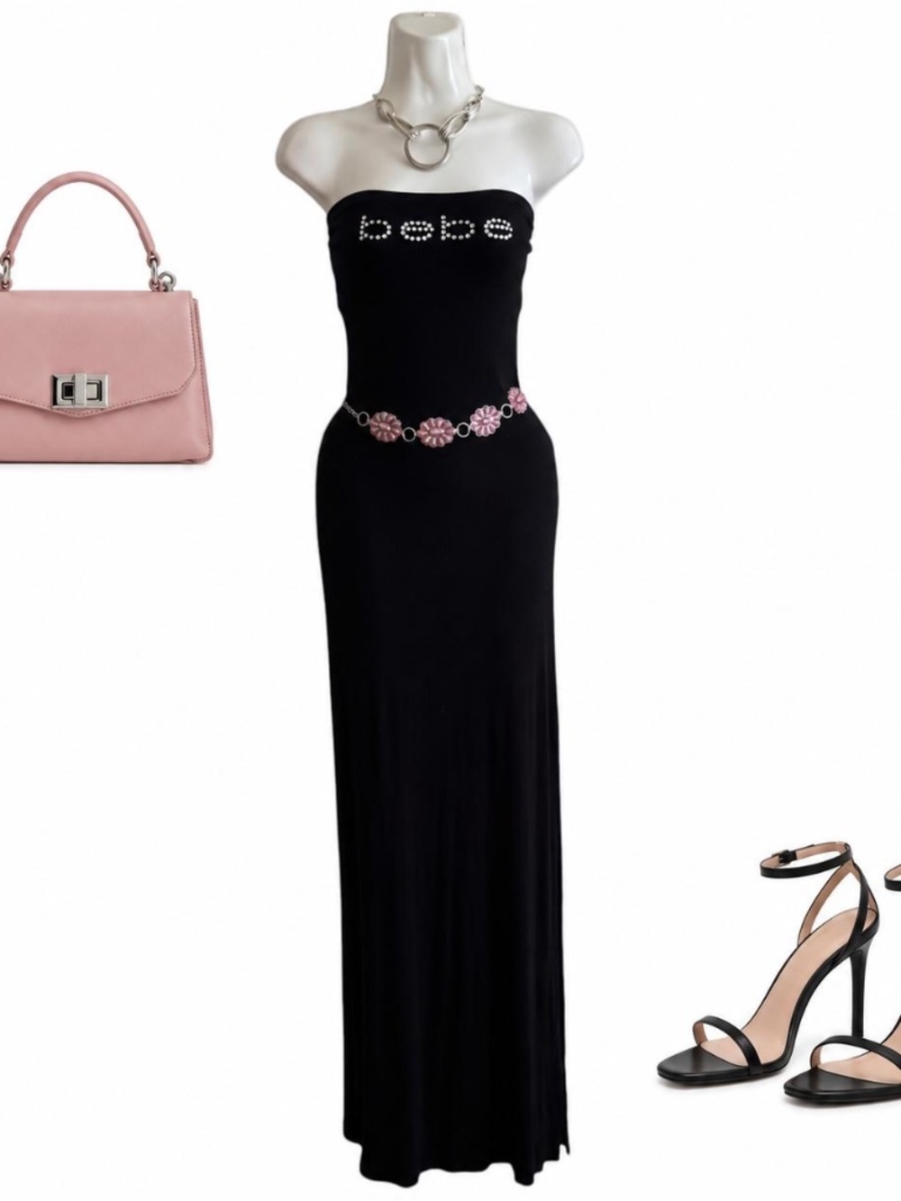 Bebe Black Rhinestone Logo Strapless Maxi Dress Size Medium